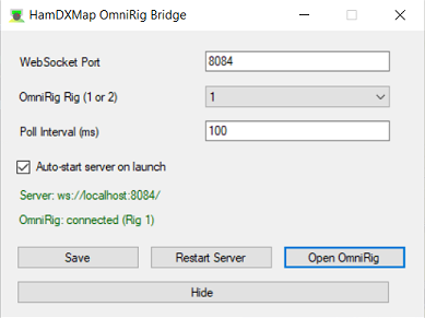 HamDXMap Bridge for OmniRig settings